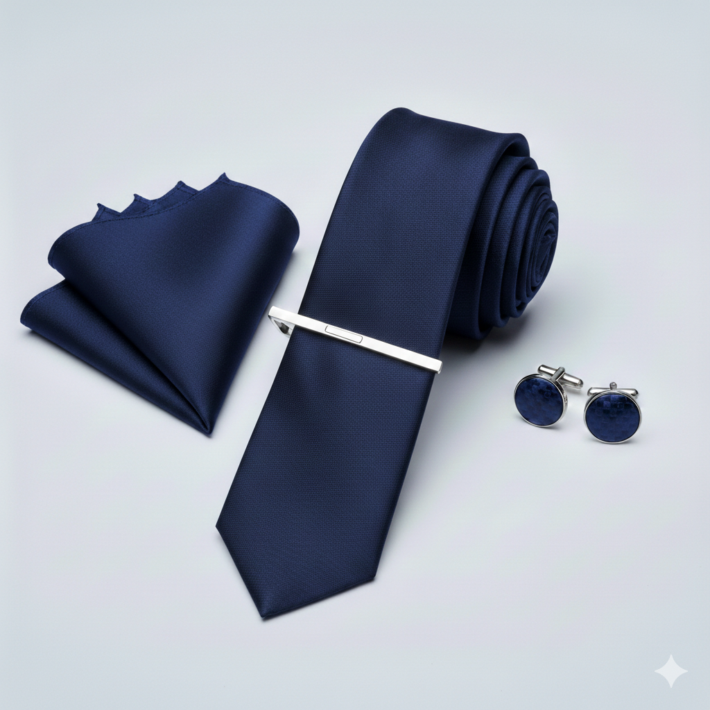 SET 4 PEZZI BLU NAVY CRAVATTA/FERMA CRAVATTA/GEMELLI/POCHETTE