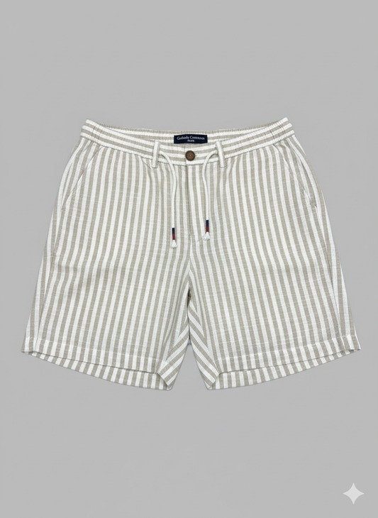 SHORT IN LINO A RIGHE BIANCO SABBIA